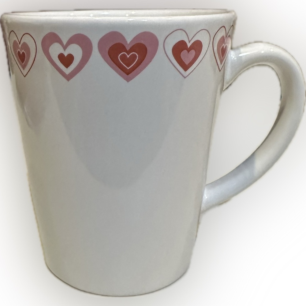 VTG SHONFELDS HEART BORDER COFFEE JAVA SOUP GIFT CERAMIC STONEWARE MUG PINK RED